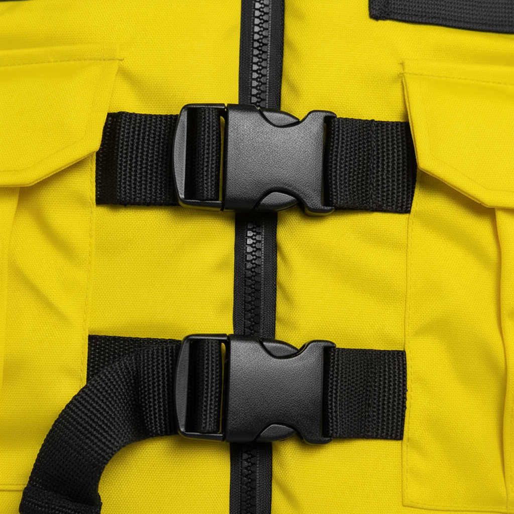 Detalle de chaleco salvavidas GERF SAFETY amarillo en tela Oxford con hebillas ajustables y cremallera central