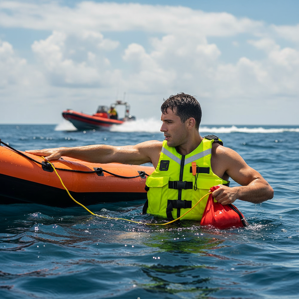 Hombre con chaleco salvavidas GERF SAFETY amarillo reflectante de tela Oxford en el mar junto a una balsa de rescate