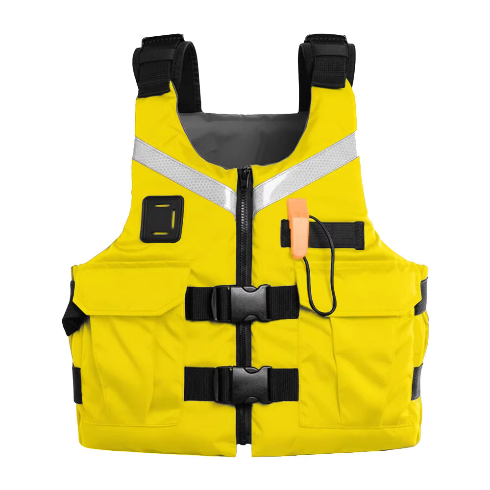 Chaleco salvavidas GERF SAFETY amarillo de tela Oxford con bandas reflectantes y hebillas ajustables para adultos.