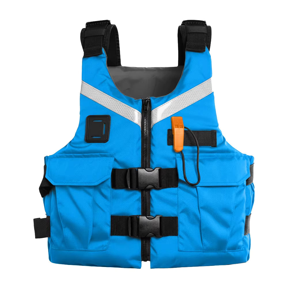 Chaleco salvavidas azul GERF SAFETY de tela Oxford con bandas reflectantes, silbato y hebillas ajustables para adultos.