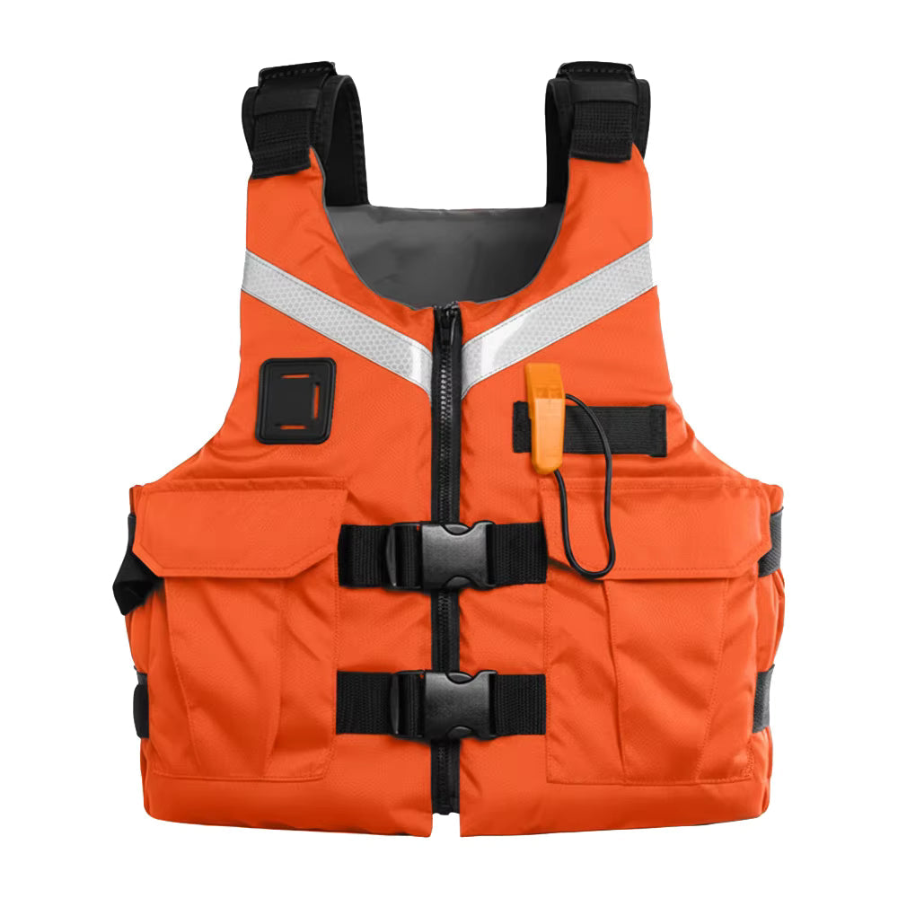 Chaleco salvavidas GERF SAFETY naranja de tela Oxford con bandas reflectantes, ajustable y certificado para seguridad.