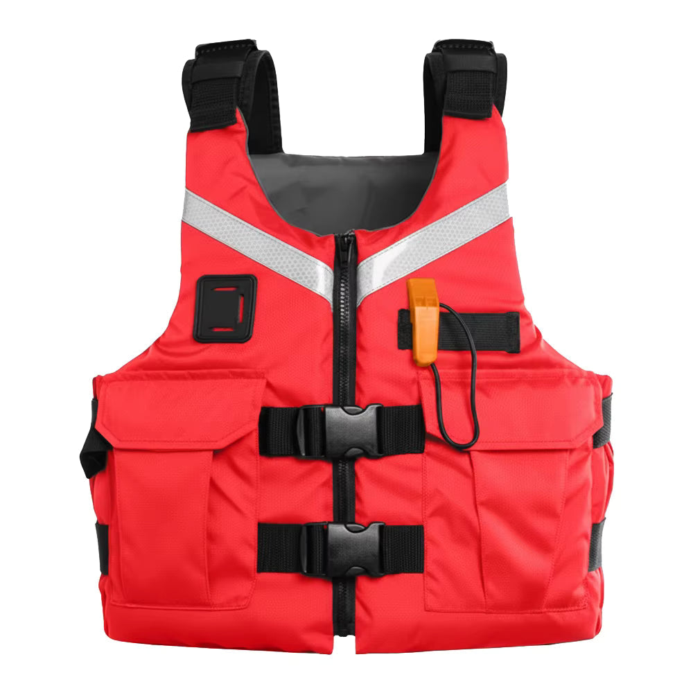 Chaleco salvavidas GERF SAFETY rojo de tela Oxford con bandas reflectantes, silbato y hebillas ajustables.