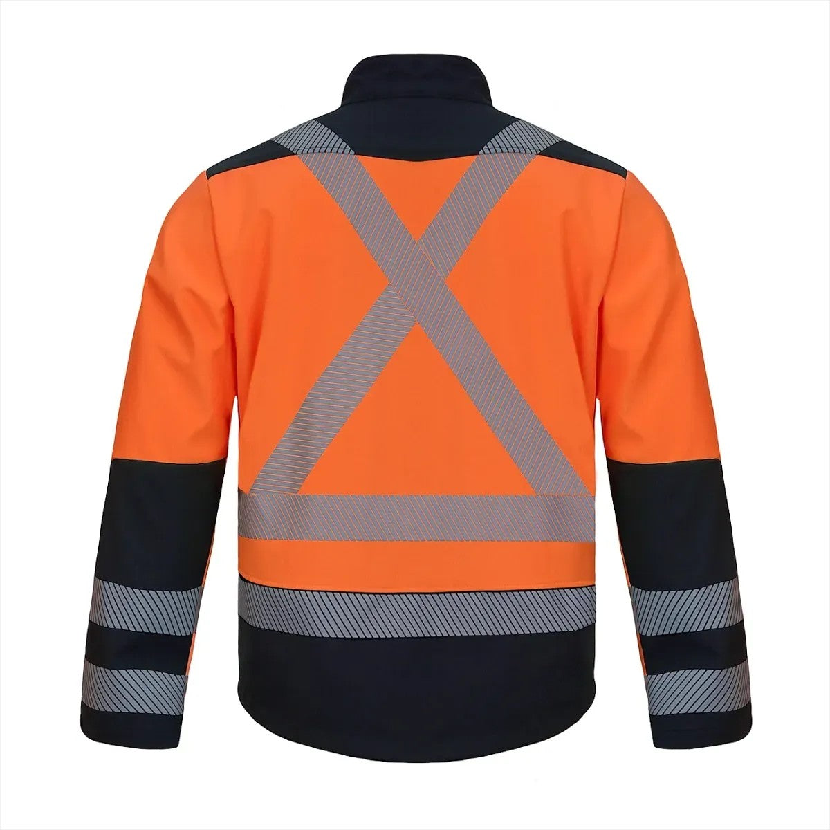 Vista posterior de la chaqueta GERF SAFETY Slack Hi Viz Z-500 naranja y azul con cintas reflectantes en X