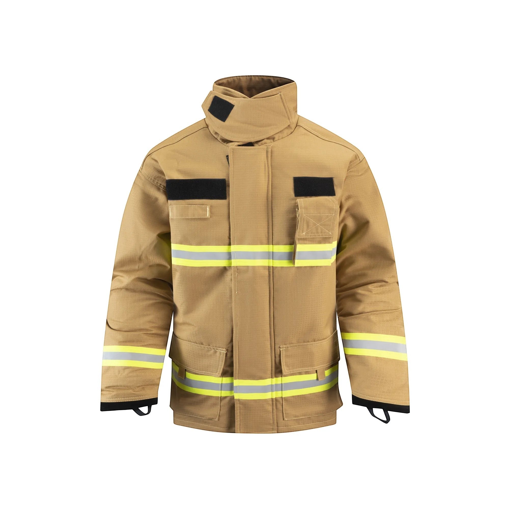 Chaqueta de bombero GERF SAFETY Shield Fire color acacia con cintas reflectantes 3M y diseño ergonómico certificado.