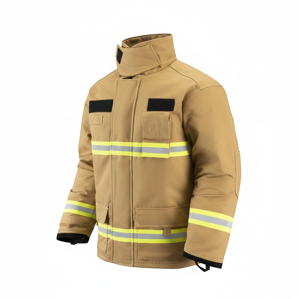 Chaqueta de bombero GERF SAFETY Shield Fire color acacia con cintas reflectantes 3M y certificación EN 469:2020