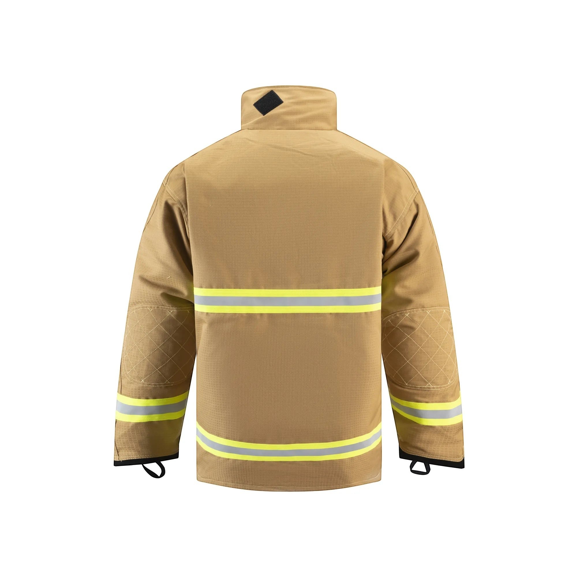 Vista trasera de la chaqueta de bombero GERF SAFETY Shield Fire en color acacia con cintas reflectantes 3M