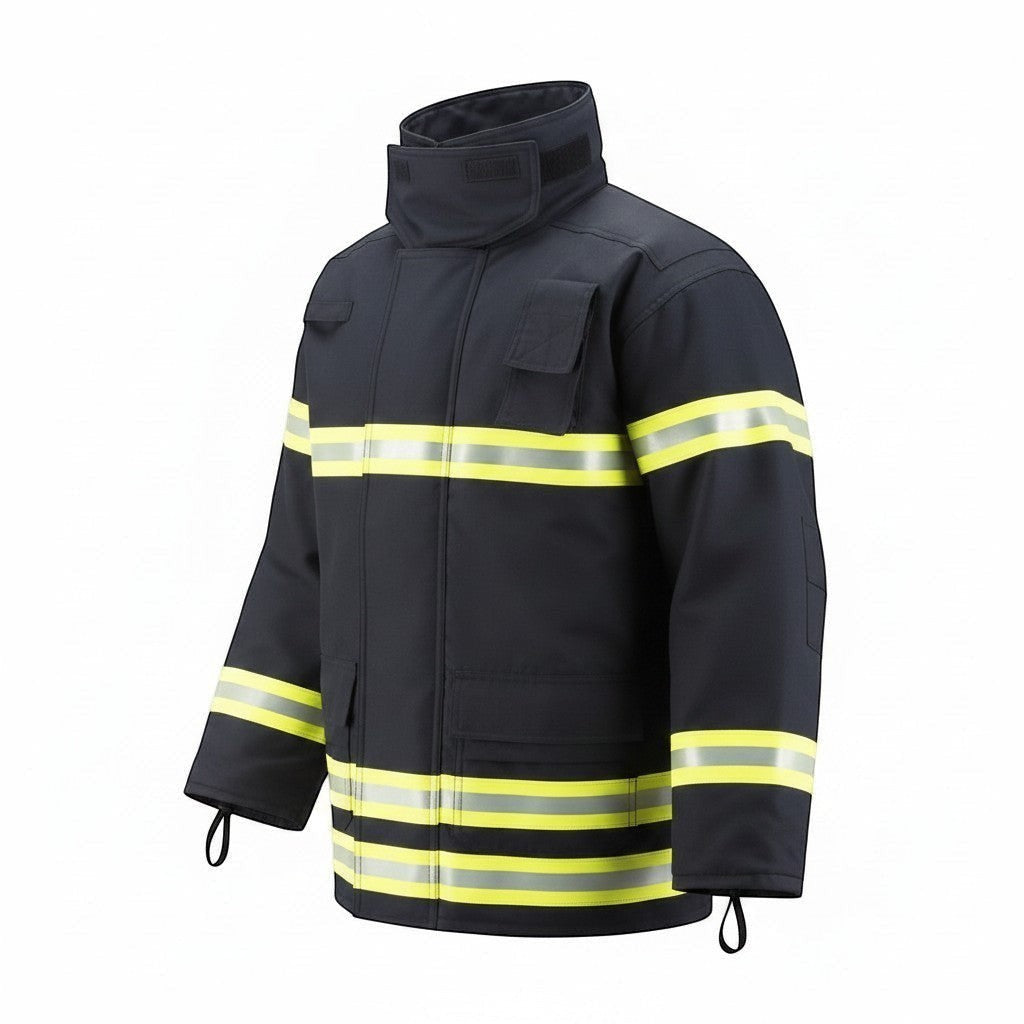 Chaqueta de bombero GERF SAFETY azul marino con bandas reflectantes 3M, certificada EN 469:2020 para protección térmica.