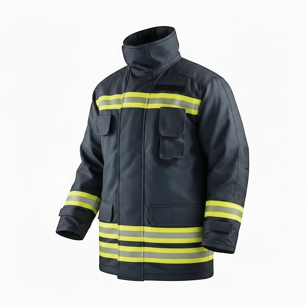 Chaqueta de bombero GERF SAFETY Falcon Fire azul marino con cintas reflectantes 3M y protección estructural EN 469:2020