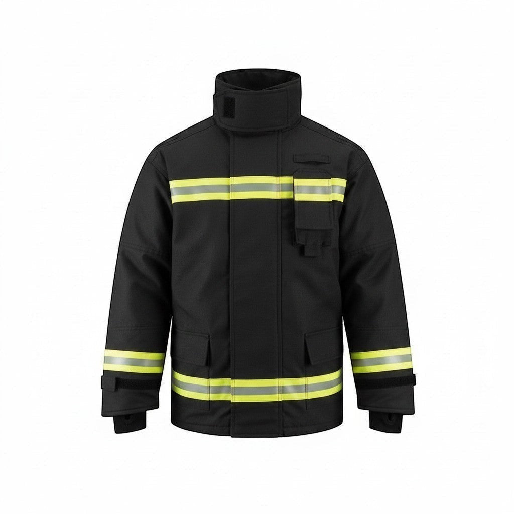 Chaqueta de bombero GERF SAFETY azul navy con bandas reflectantes 3M, certificada EN 469:2020 para protección térmica.
