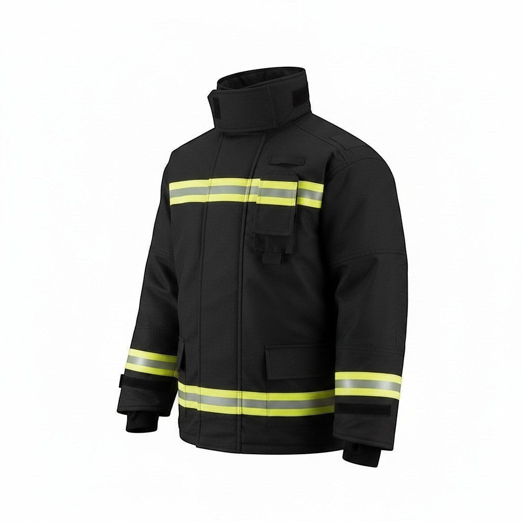Chaqueta de bombero GERF SAFETY azul marino con cintas reflectantes 3M, certificada EN 469:2020 para alta protección.