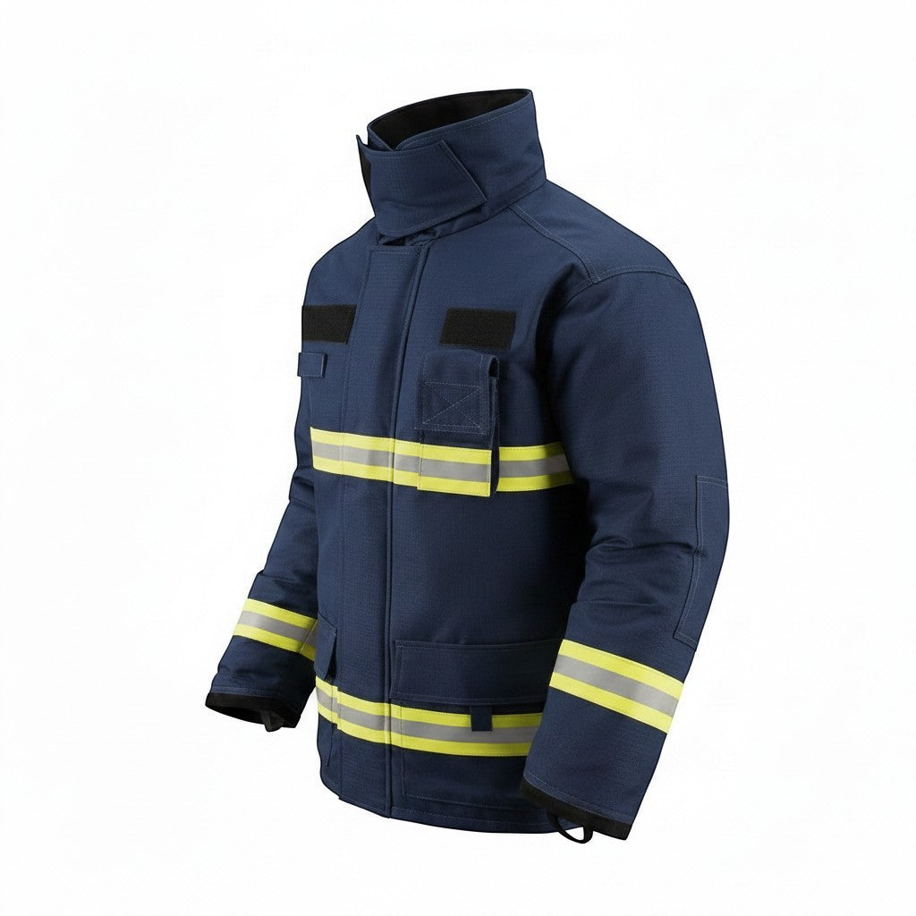 Chaqueta de bombero GERF SAFETY azul marino con cintas reflectantes 3M, certificada EN 469:2020 para protección térmica.