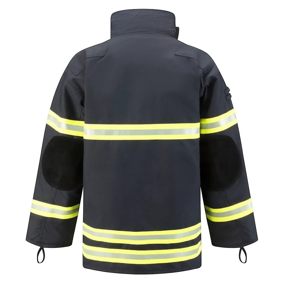 Chaqueta de bombero GERF SAFETY azul marino con bandas reflectantes 3M y refuerzos en codos, vista trasera.
