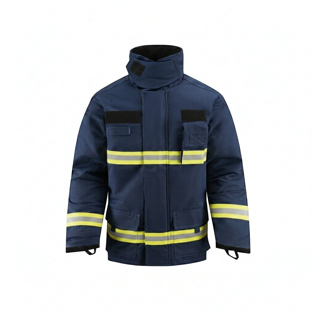 Chaqueta de bombero GERF SAFETY Shield Fire azul marino con cintas reflectantes 3M y certificación EN 469:2020