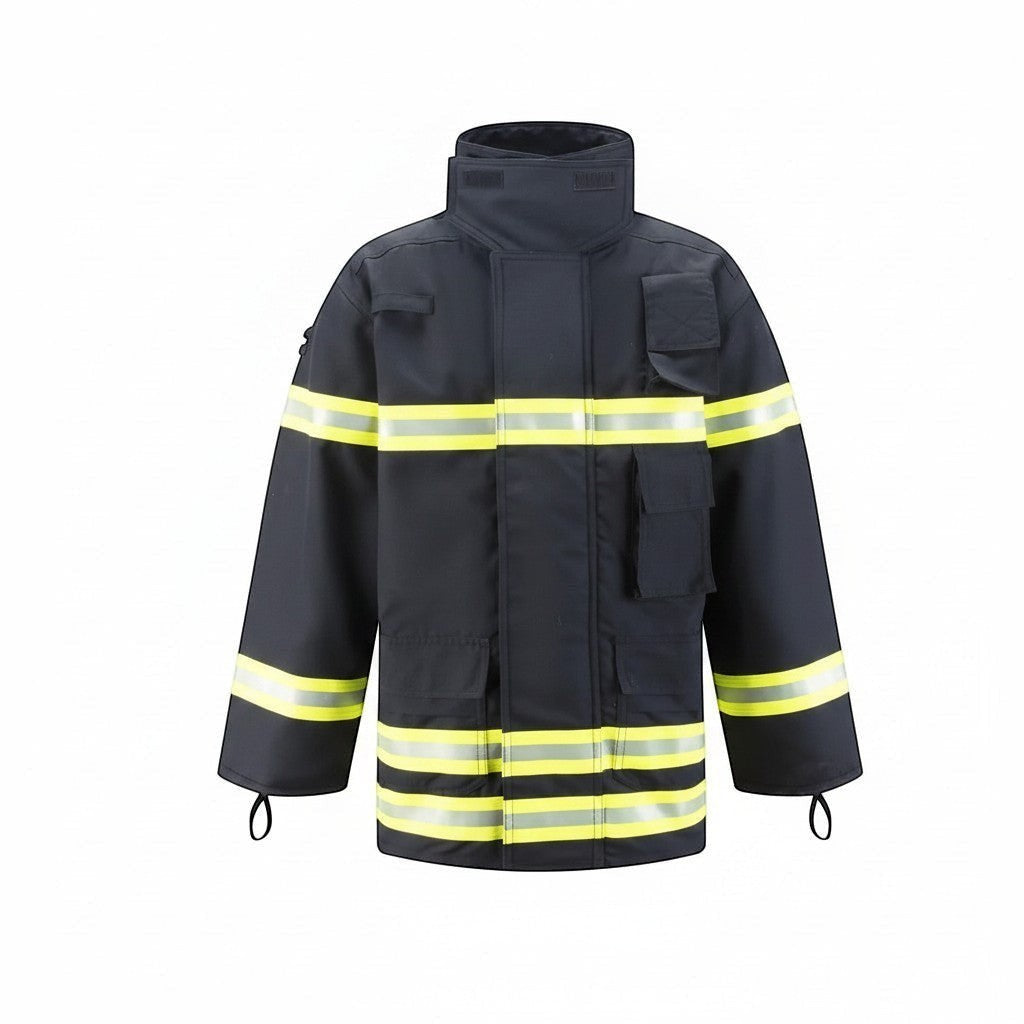 Chaqueta de bombero GERF SAFETY azul marino con bandas reflectantes 3M, cuello alto y bolsillos funcionales.