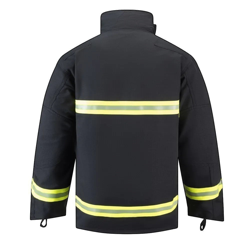 Chaqueta de bombero GERF SAFETY azul marino con bandas reflectantes 3M, certificada EN 469:2020, vista trasera.