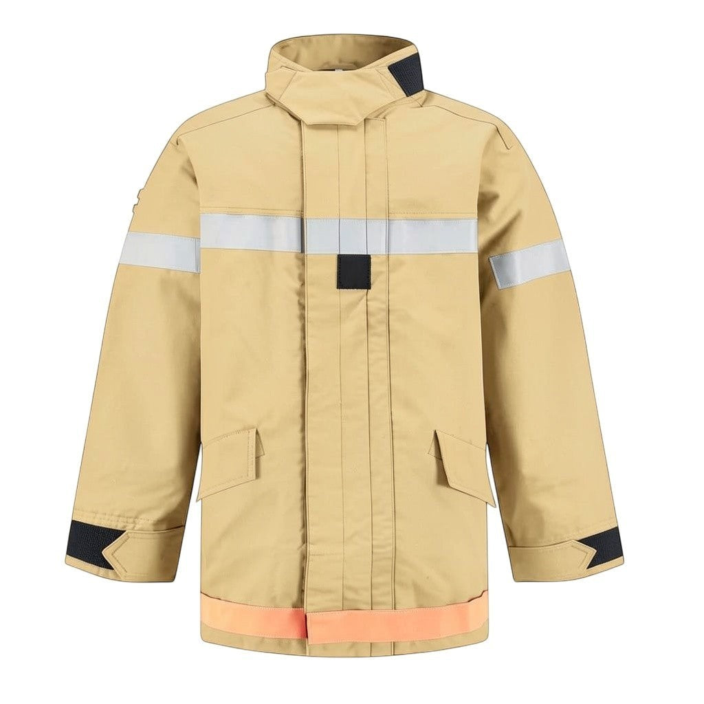 Chaqueta de bombero GERF SAFETY color beige, diseño de 4 capas con cintas reflectantes 3M y certificación EN469.