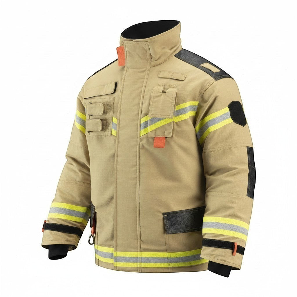 Chaqueta de bombero GERF SAFETY Blaze Fire color caqui con cintas reflectantes 3M y refuerzos en Nomex IIIA