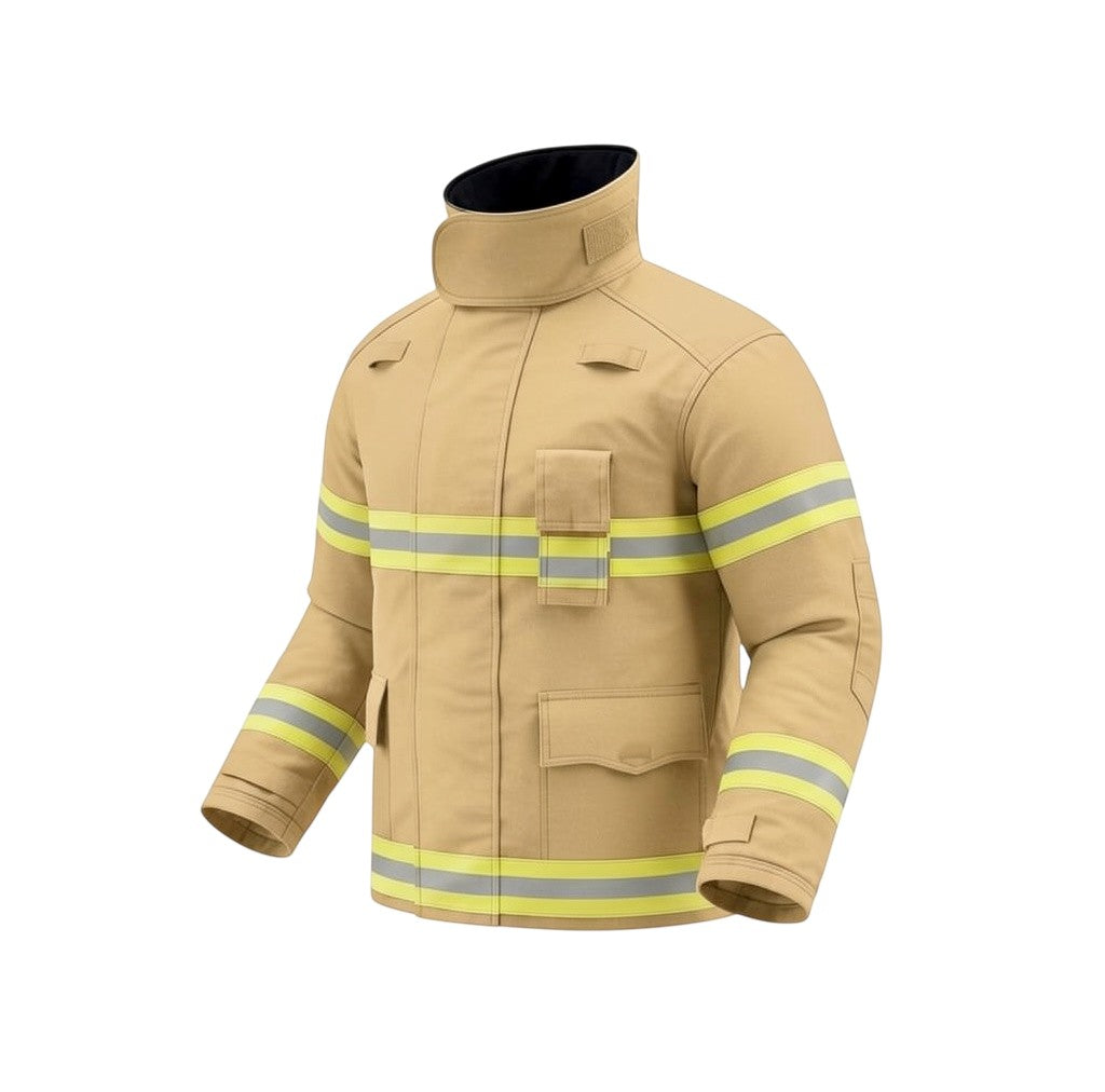 Chaqueta de bombero GERF SAFETY color caqui con bandas reflectantes 3M, certificada EN 469:2020 para protección térmica
