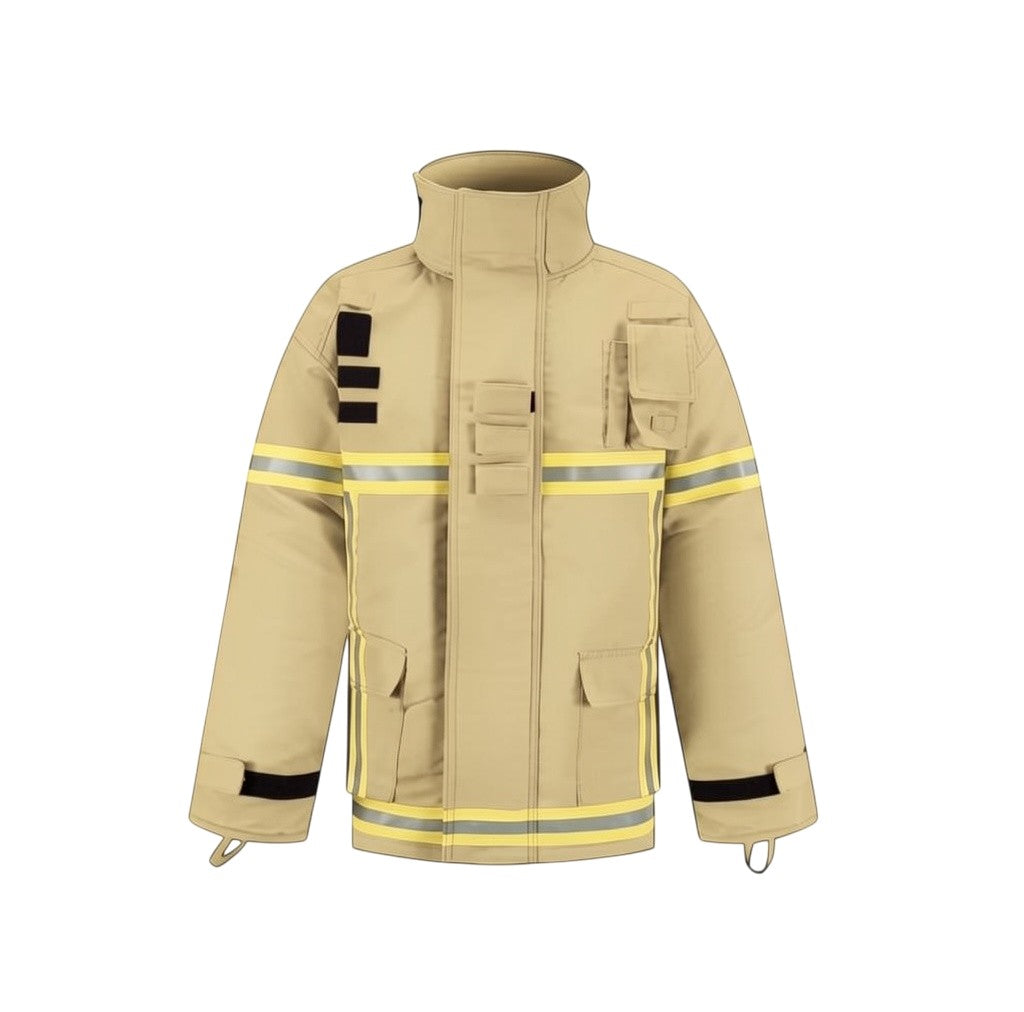 Chaqueta de bombero GERF SAFETY color caqui con cintas reflectantes 3M y certificación EN 469:2020 para protección