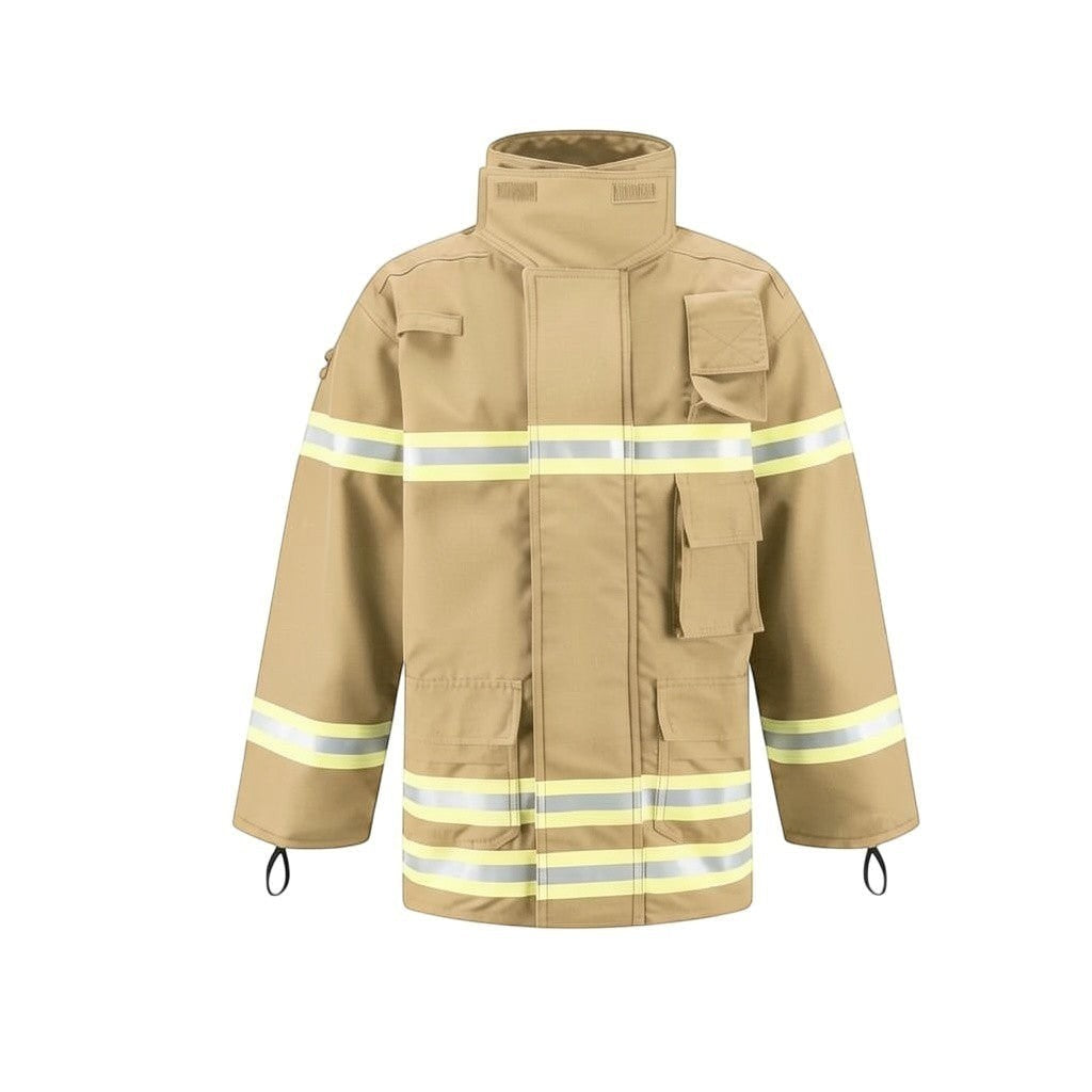 Chaqueta de bombero GERF SAFETY color caqui con cintas reflectantes 3M, certificada EN 469:2020 para protección térmica