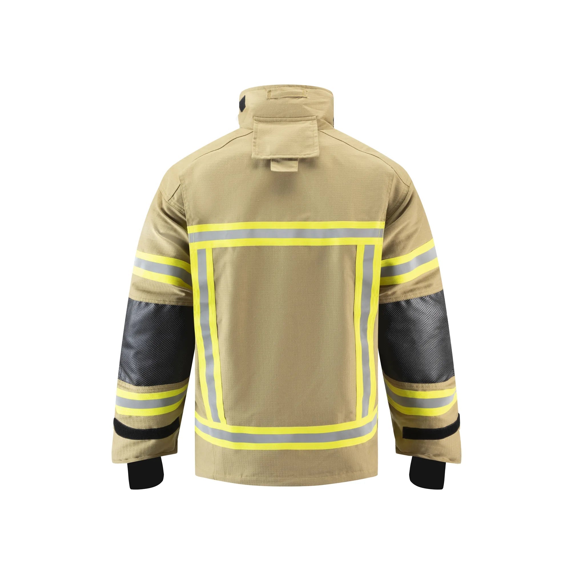 Chaqueta de bombero GERF SAFETY color caqui con bandas reflectantes 3M y sistema de rescate DRD, vista trasera
