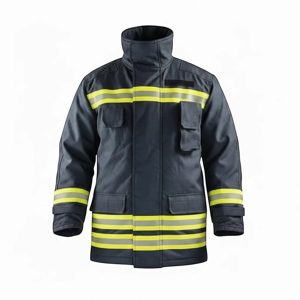 Chaqueta de bombero GERF SAFETY Falcon Fire azul navy con cintas reflectantes 3M de alta visibilidad y cuello alto.