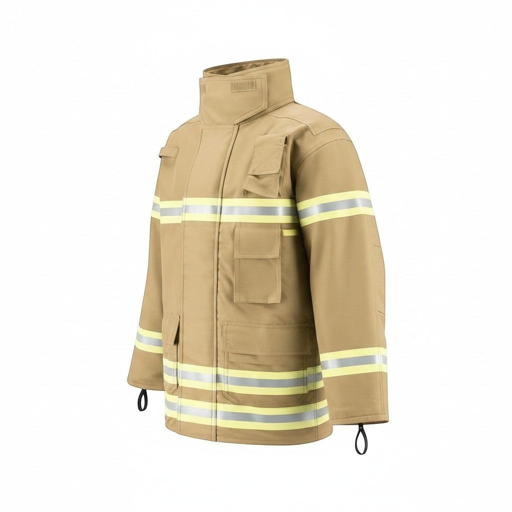 Chaqueta de bombero GERF SAFETY color khaki con bandas reflectantes 3M, certificada EN 469:2020 para protección térmica