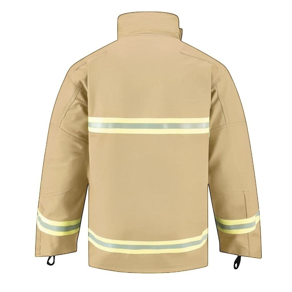 Chaqueta de bombero GERF SAFETY color khaki con bandas reflectantes 3M, diseño ergonómico y certificación EN 469:2020