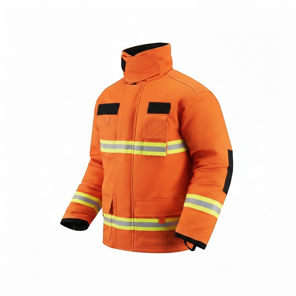 Chaqueta de bombero GERF SAFETY naranja con cintas reflectantes 3M, certificada EN 469:2020 para protección térmica.