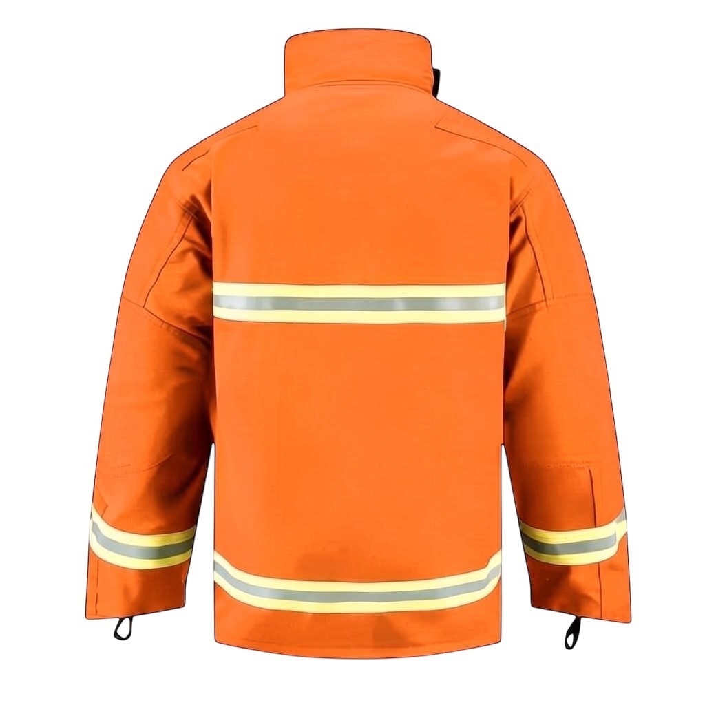 Chaqueta de bombero naranja GERF SAFETY con cintas reflectantes 3M, diseño ignífugo de 4 capas y certificación EN469.