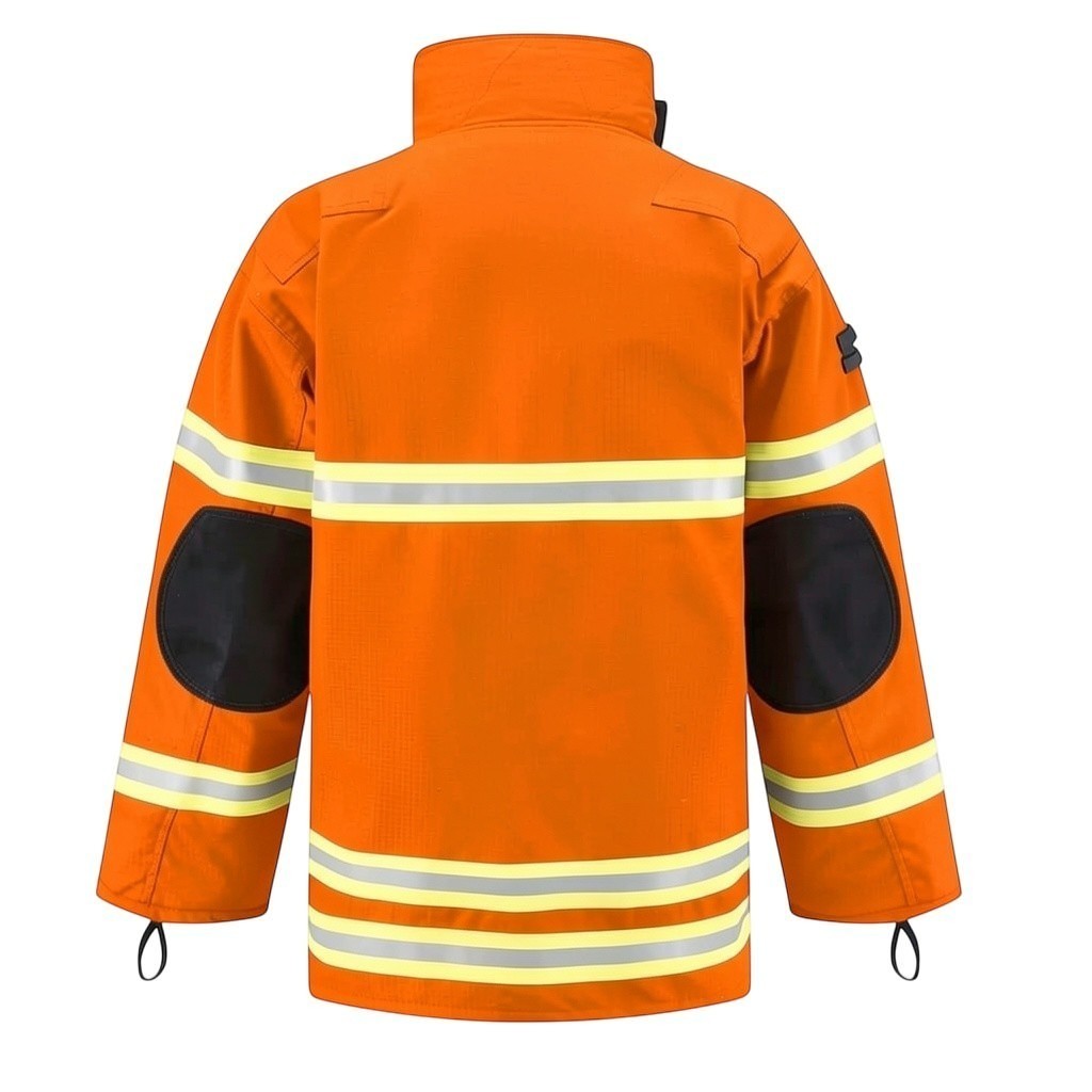 Chaqueta de bombero naranja GERF SAFETY con cintas reflectantes 3M y refuerzos negros en codos, modelo Titan Fire.