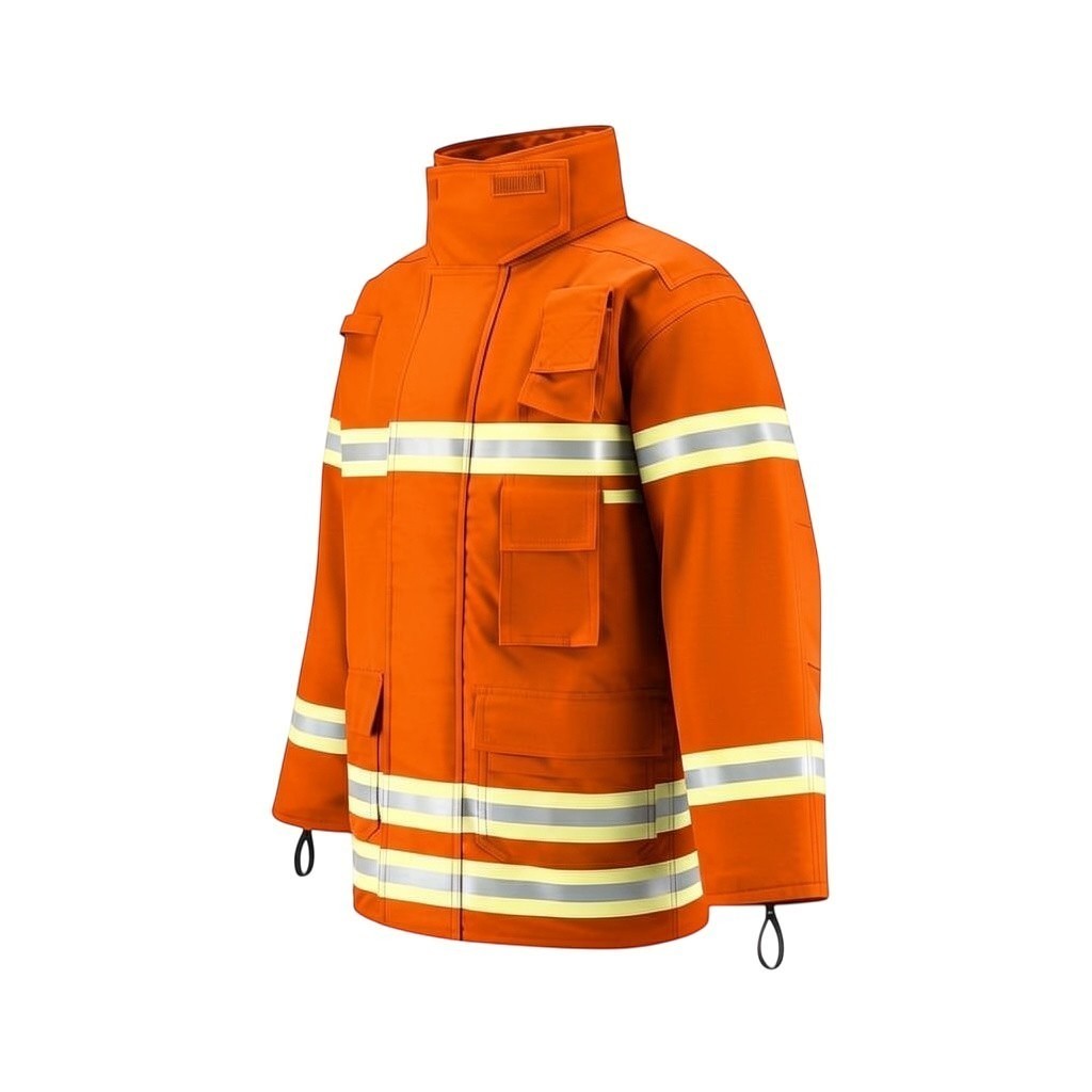 Chaqueta de bombero naranja GERF SAFETY con bandas reflectantes 3M, cuello alto y bolsillos funcionales, norma EN 469:2020