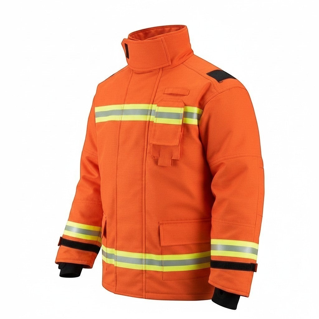 Chaqueta de bombero naranja GERF SAFETY con bandas reflectantes 3M, cuello alto y bolsillo para radio, norma EN 469