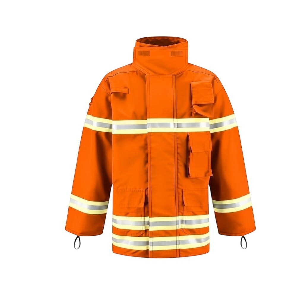 Chaqueta de bombero GERF SAFETY naranja con bandas reflectantes 3M, bolsillos funcionales y cuello alto protector.