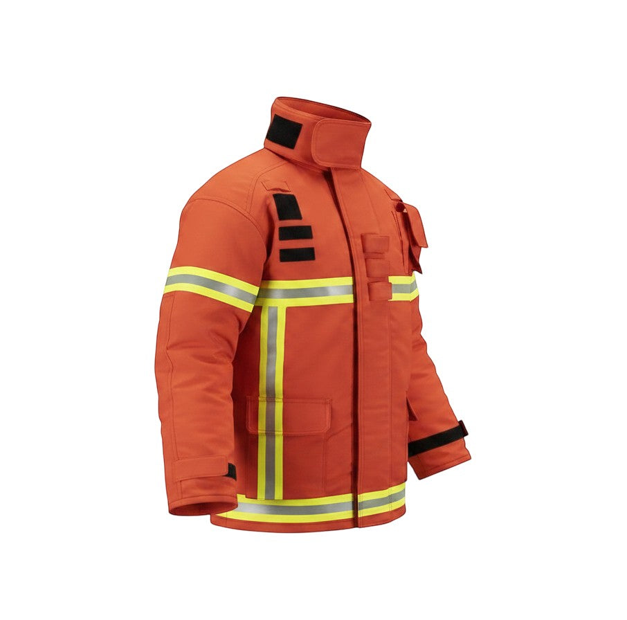 Chaqueta de bombero GERF SAFETY naranja con bandas reflectantes 3M, certificada EN 469:2020 para protección térmica.