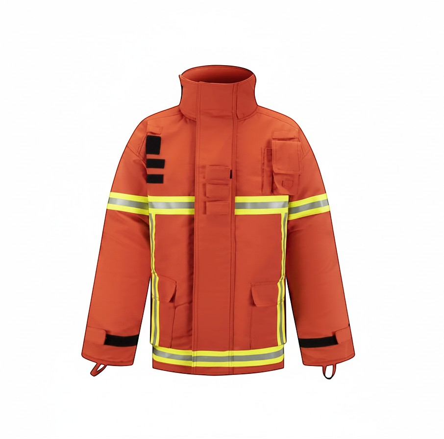 Chaqueta de bombero naranja GERF SAFETY con bandas reflectantes 3M, cuello alto y bolsillos, certificada EN 469:2020