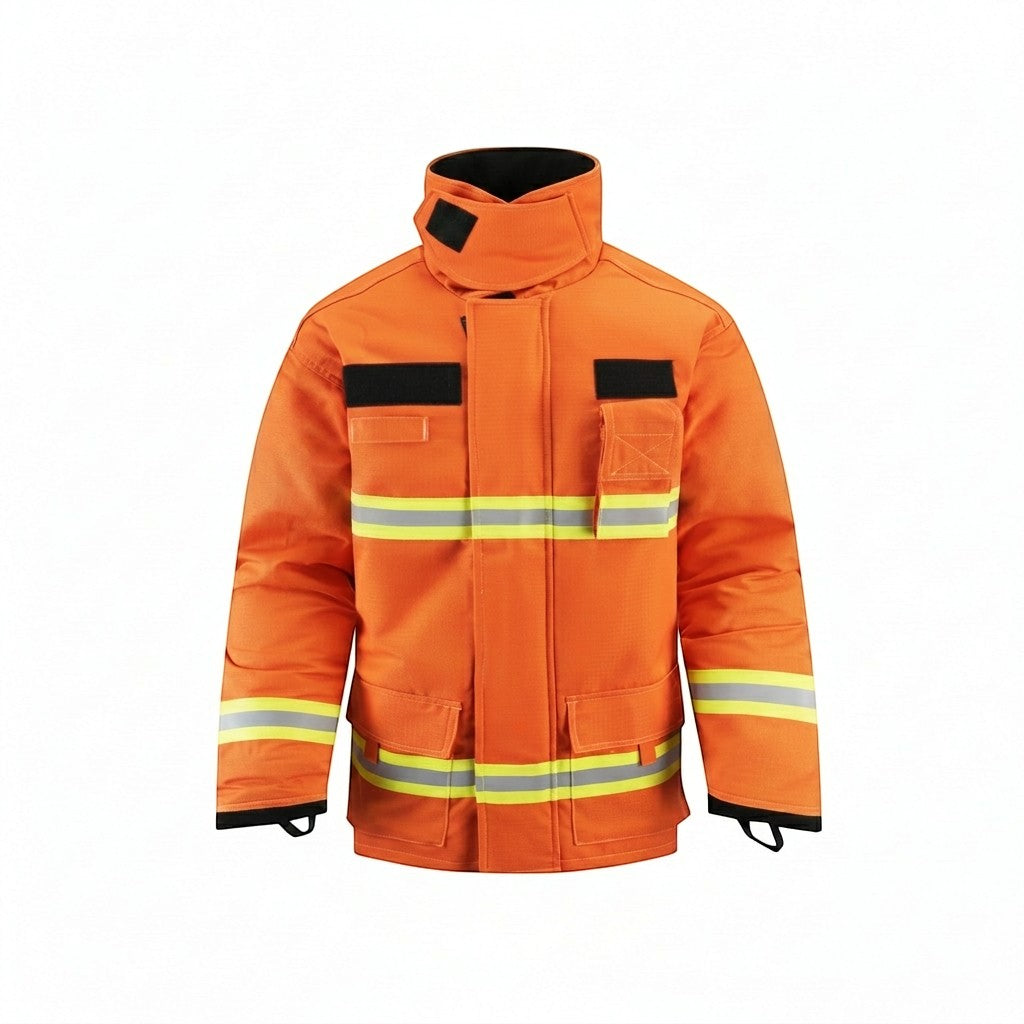 Chaqueta de bombero naranja GERF SAFETY con bandas reflectantes 3M, certificada EN 469:2020 y fabricada en Nomex IIIA.
