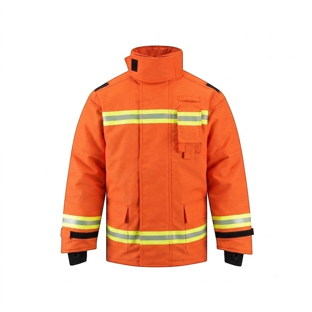 Chaqueta de bombero naranja GERF SAFETY con cintas reflectantes 3M, certificada EN 469:2020 para protección estructural