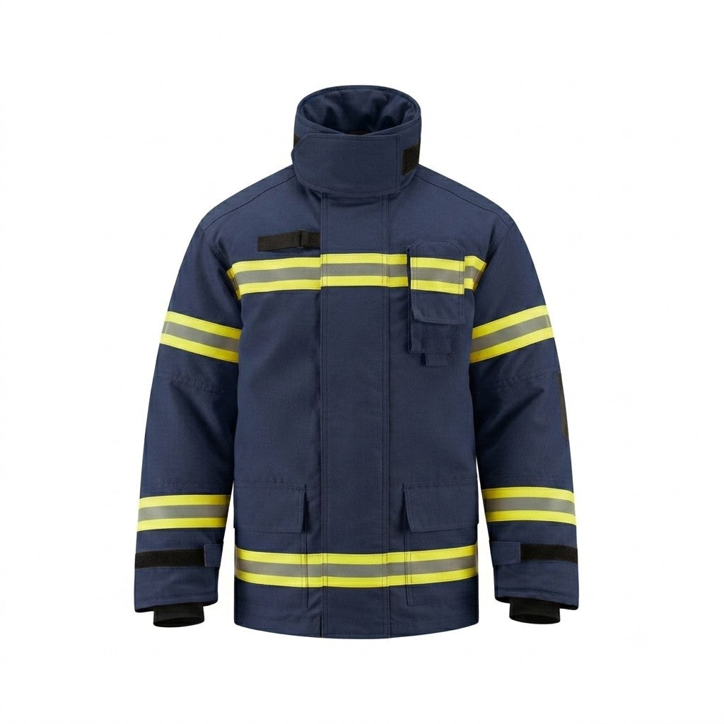 Chaqueta de bombero GERF SAFETY Commander Fire azul navy con cintas reflectantes 3M y tejido Nomex IIIA resistente