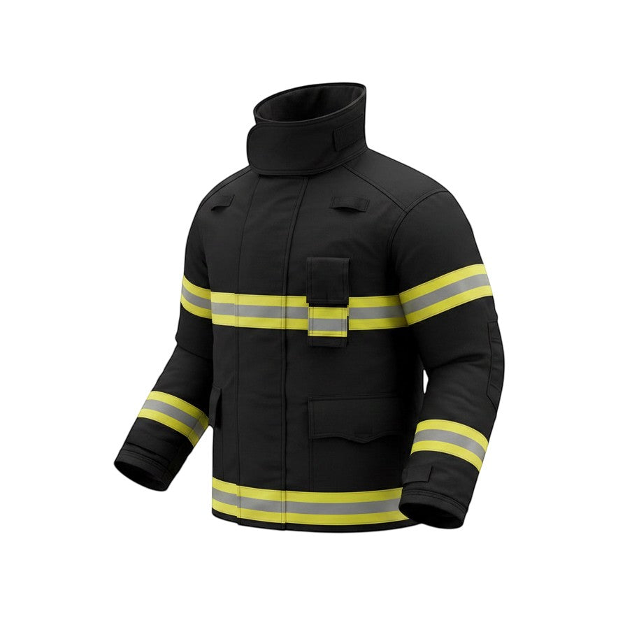 Chaqueta de bombero GERF SAFETY Nomex 80 negra con bandas reflectantes 3M, certificada EN 469:2020 para alta protección.