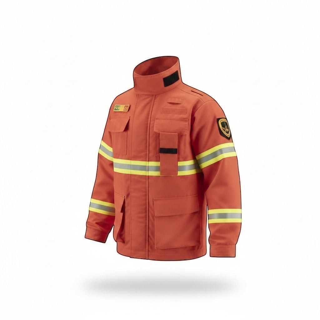 Chaqueta de combate forestal GERF SAFETY naranja con cintas reflectantes 3M, bolsillos frontales y tejido Nomex IIIA.