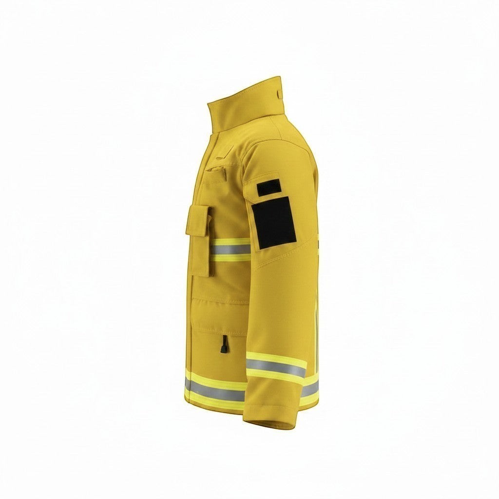 Chaqueta de combate forestal GERF SAFETY en color amarillo, fabricada en Nomex IIIA con tiras reflectantes 3M y bolsillos.