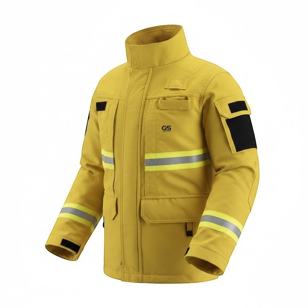 Chaqueta de combate forestal GERF SAFETY en color amarillo, fabricada en Nomex IIIA con bandas reflectantes 3M.