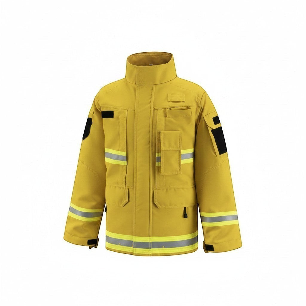 Chaqueta de combate forestal GERF SAFETY en color amarillo, fabricada en Nomex IIIA con tiras reflectantes 3M y bolsillos.