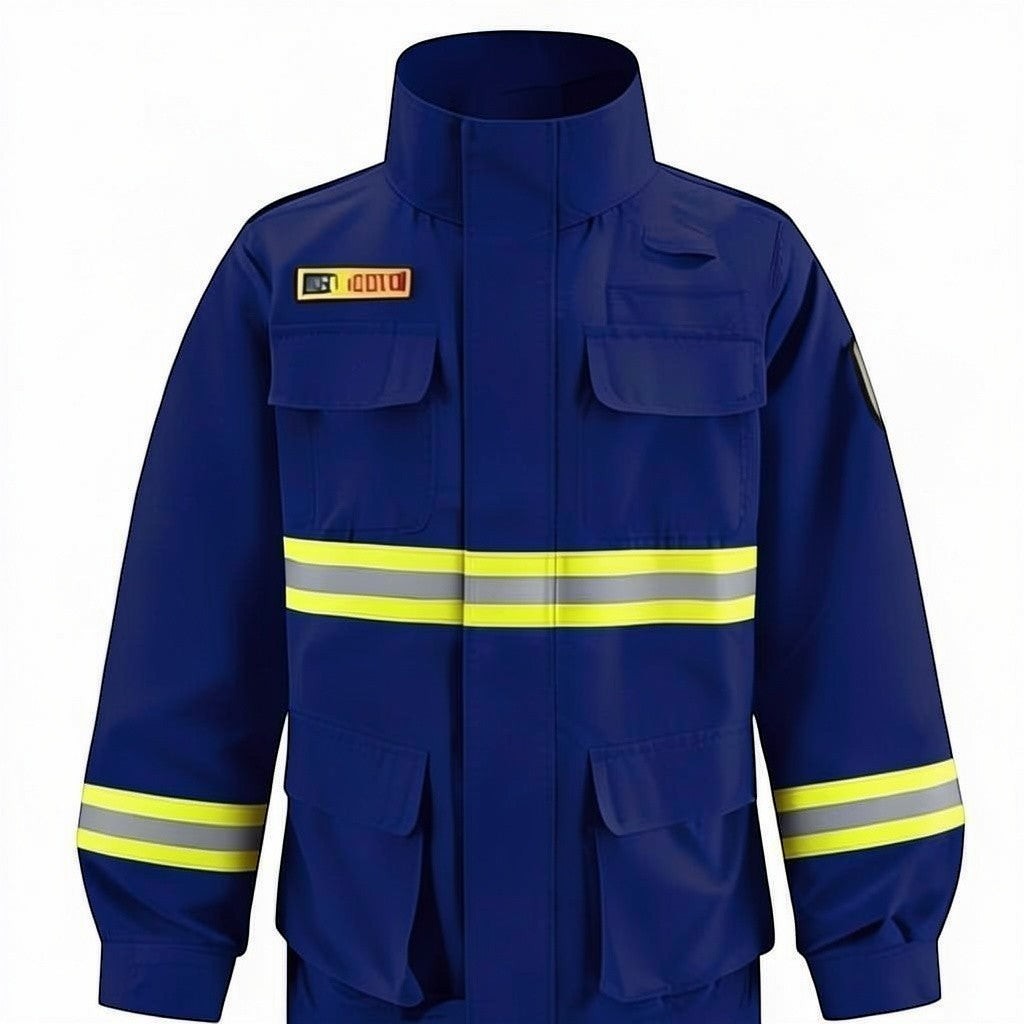 Chaqueta de combate forestal GERF SAFETY azul marino con bandas reflectantes 3M y bolsillos frontales de alta resistencia.