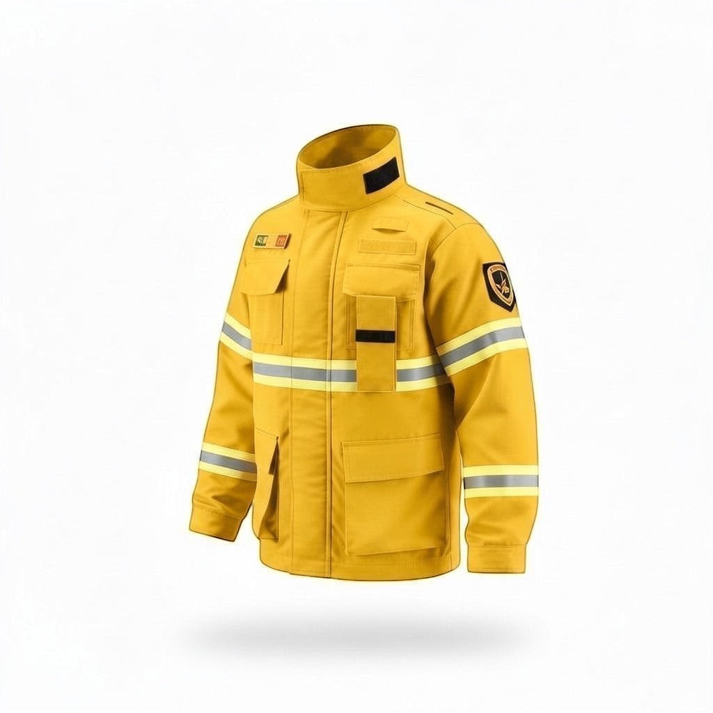 Chaqueta de combate forestal GERF SAFETY amarilla en Nomex IIIA con bandas reflectantes 3M y bolsillos tácticos.