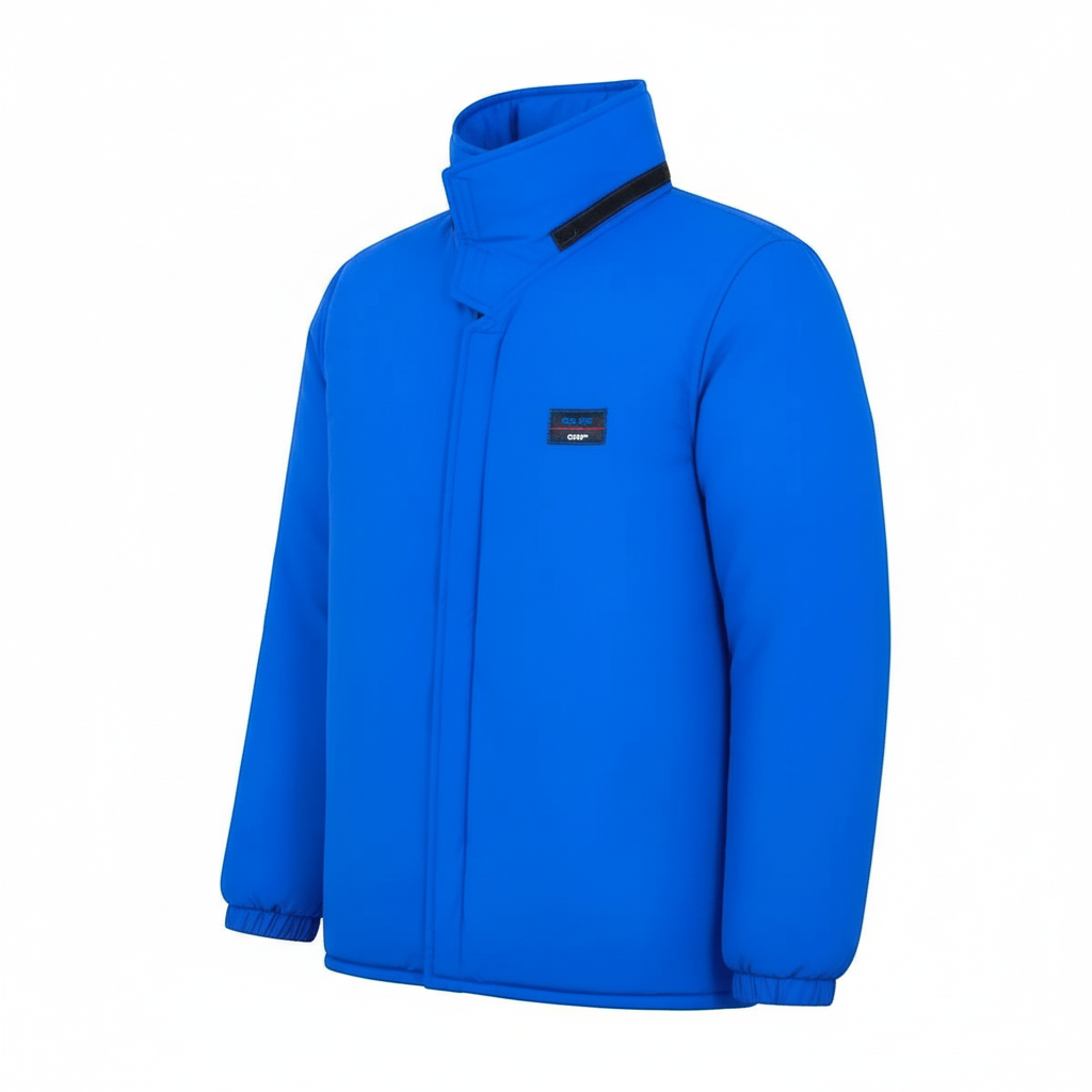 Chaqueta criogénica azul GERF SAFETY con aislamiento térmico, impermeable y cierre de velcro para frío extremo.