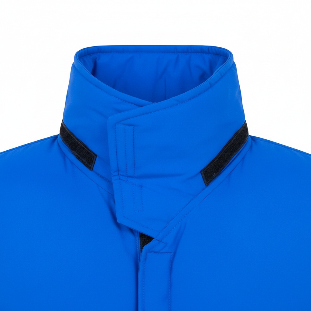 Detalle del cuello azul de la chaqueta criogénica GERF SAFETY con cierre de velcro para protección contra frío extremo.
