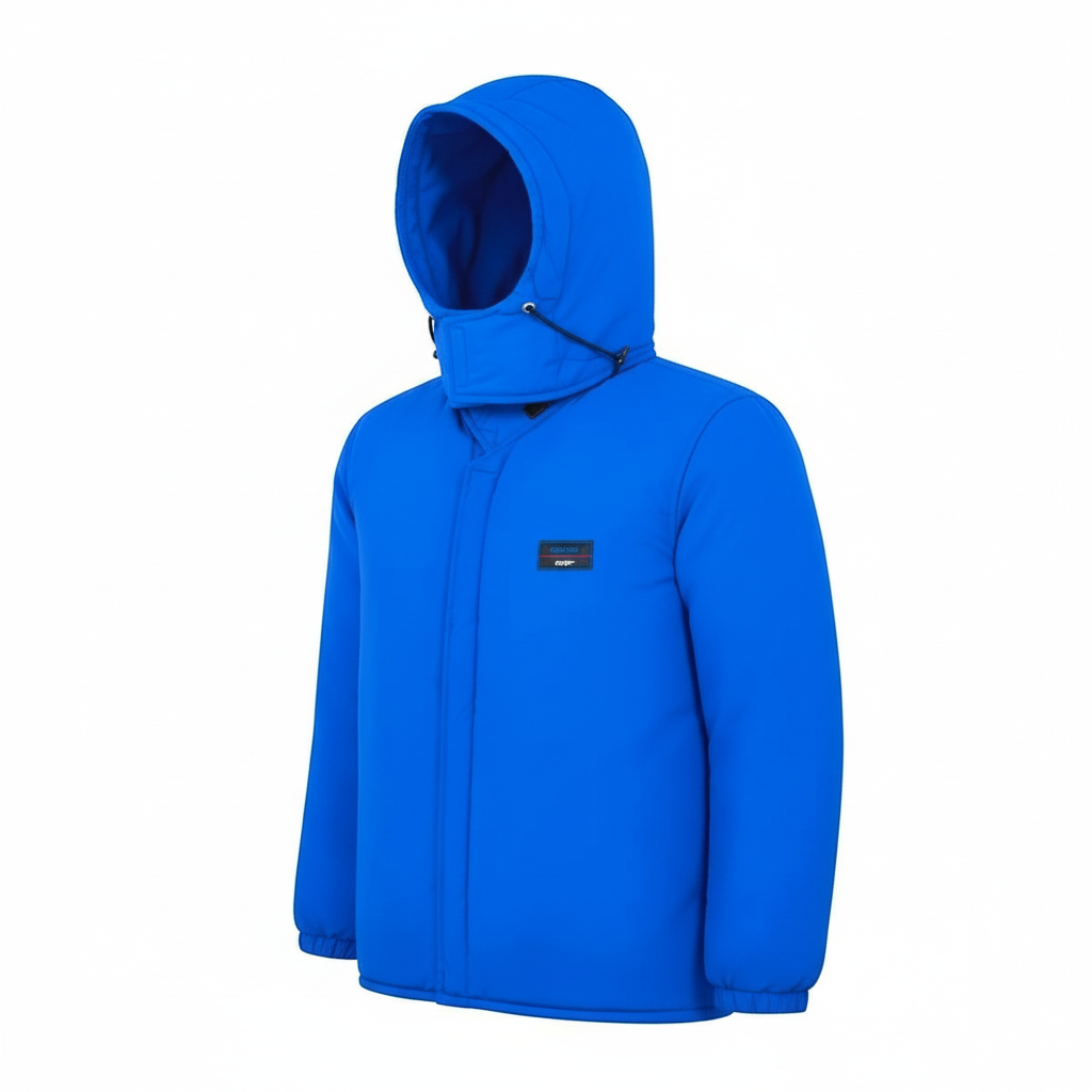 Chaqueta criogénica azul GERF SAFETY con capucha, fabricada en poliamida impermeable para protección contra frío extremo