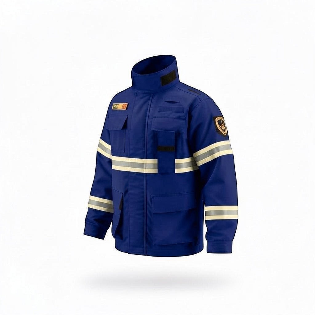 Chaqueta de combate contra incendios forestales GERF SAFETY en azul marino con bandas reflectantes 3M de alta visibilidad
